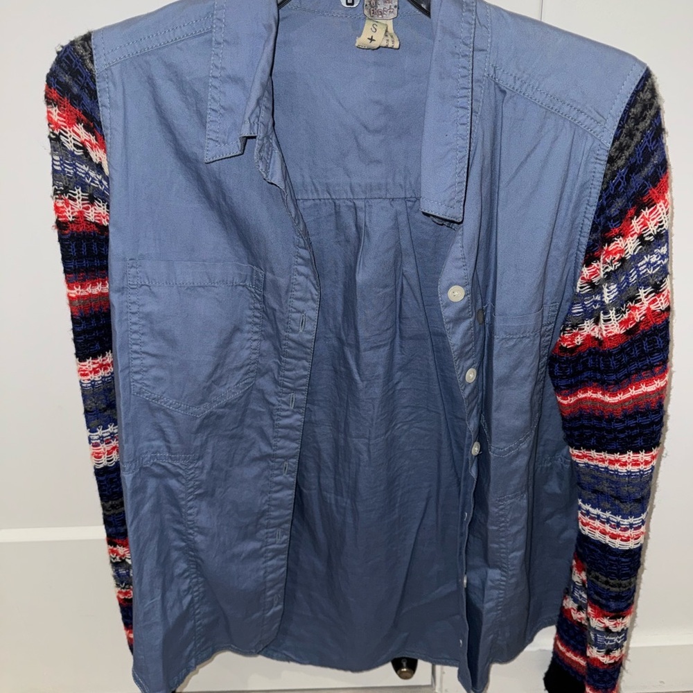 Blue Shirt with Multicolor Knit Sleeves
